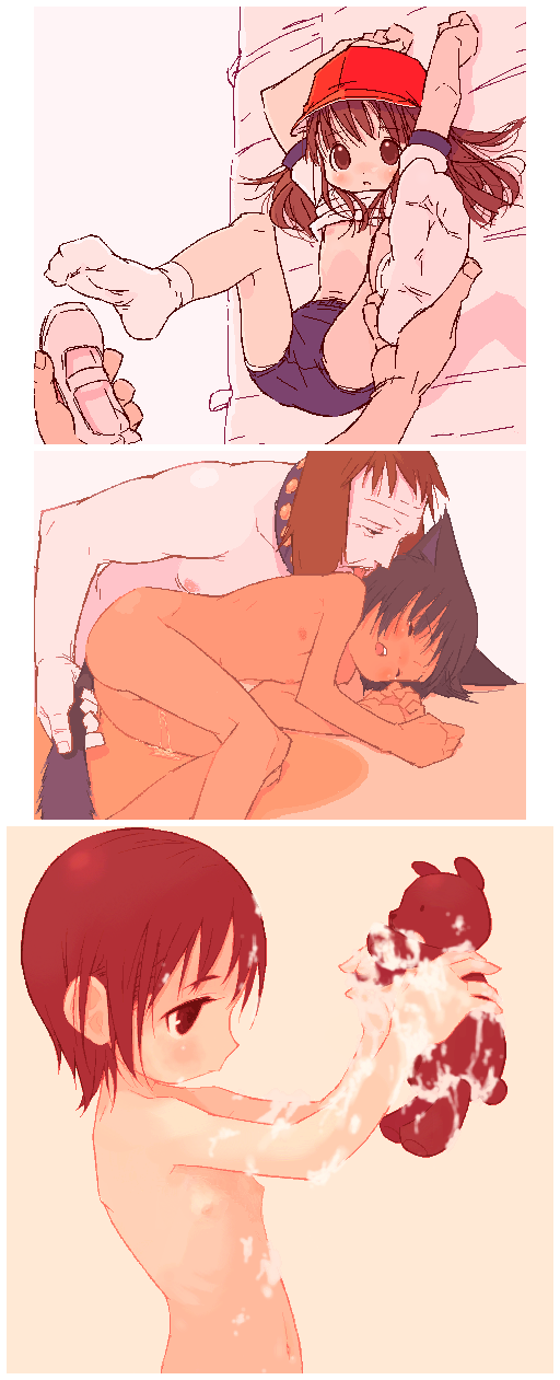 0123456789, highres, 1boy, 3girls, animal ears, blush, buruma, cat ears, cat tail, cum, disembodied hand, feet, loli, multiple girls, nude, oekaki, socks, stuffed animal, stuffed toy, tail