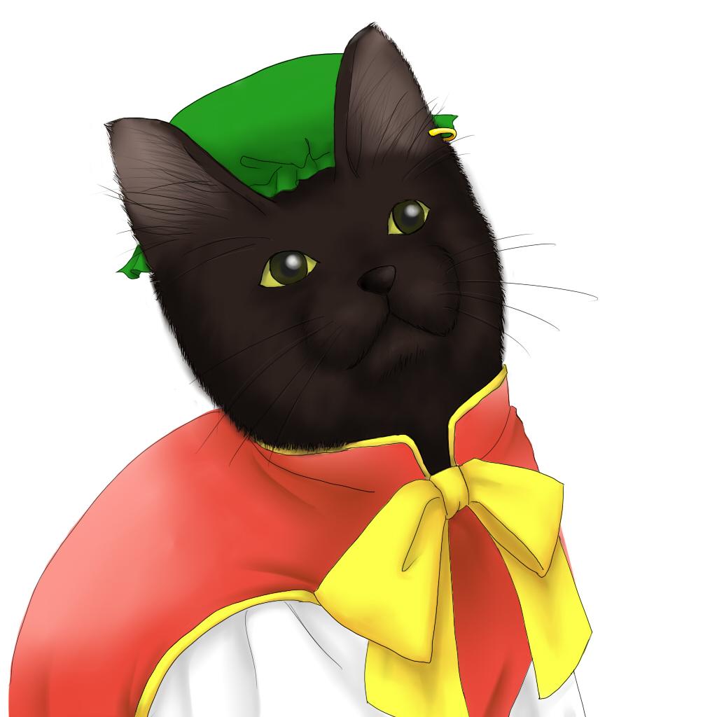 chen, chen (cat), touhou, non-web source, 1girl, animal, animalization, bow, cat, clothed animal, earrings, female focus, hat, jewelry, solo
