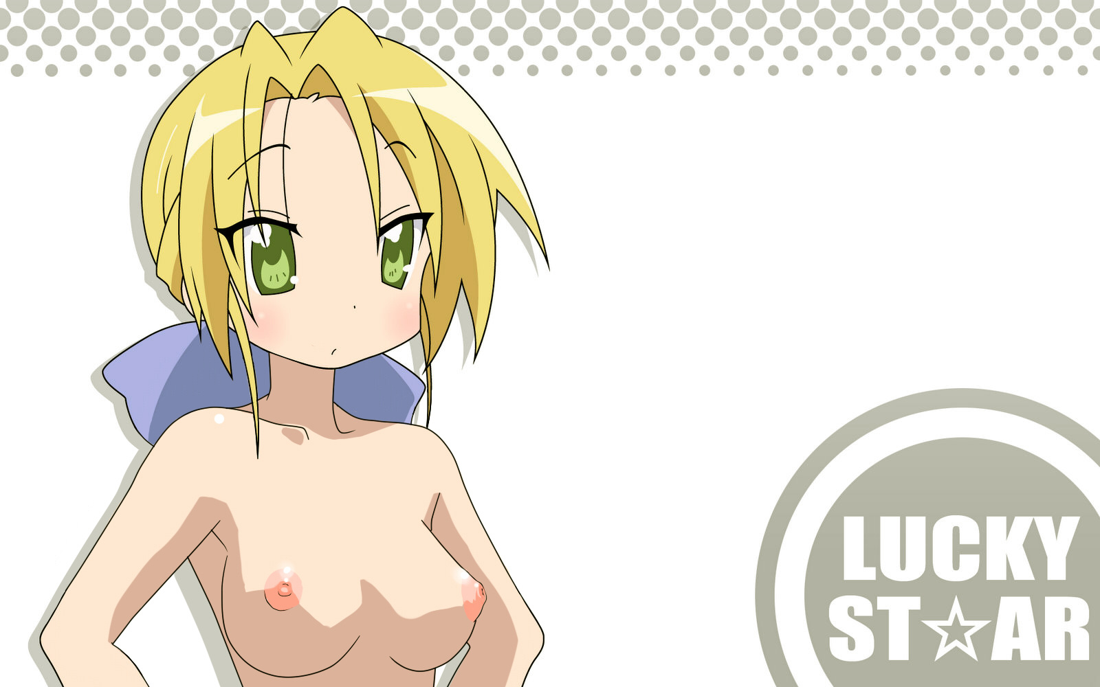 kuroi nanako, lucky star, highres, nude filter, third-party edit, 00s, 1girl, blonde hair, breasts, collarbone, female focus, green eyes, nipples, solo, topless female