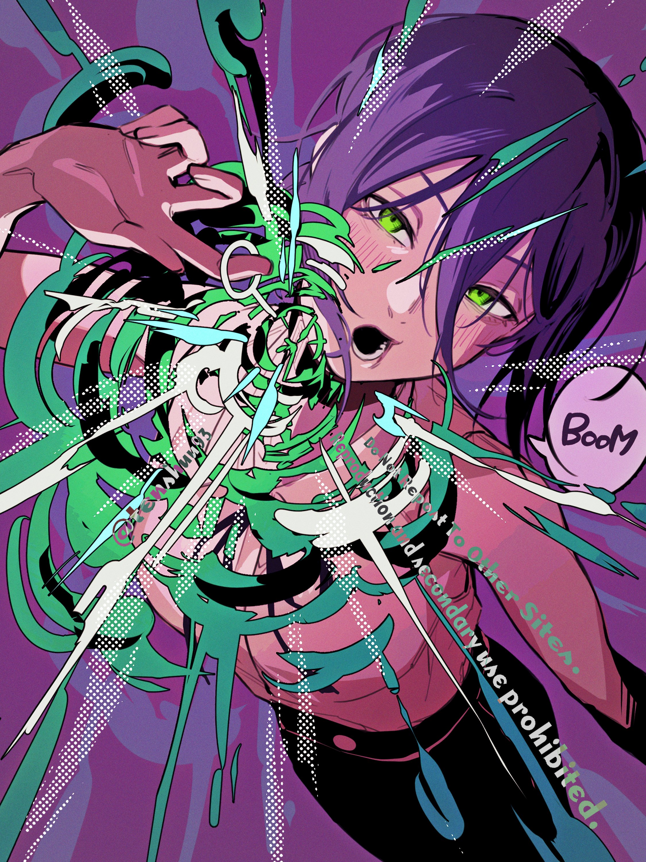 tenshuu93, reze (chainsaw man), chainsaw man, absurdres, highres, 1girl, black choker, choker, green eyes, grenade pin, hair between eyes, imminent explosion, lower teeth only, open mouth, purple hair, shirt, sleeveless, sleeveless shirt, solo, speech bubble, teeth