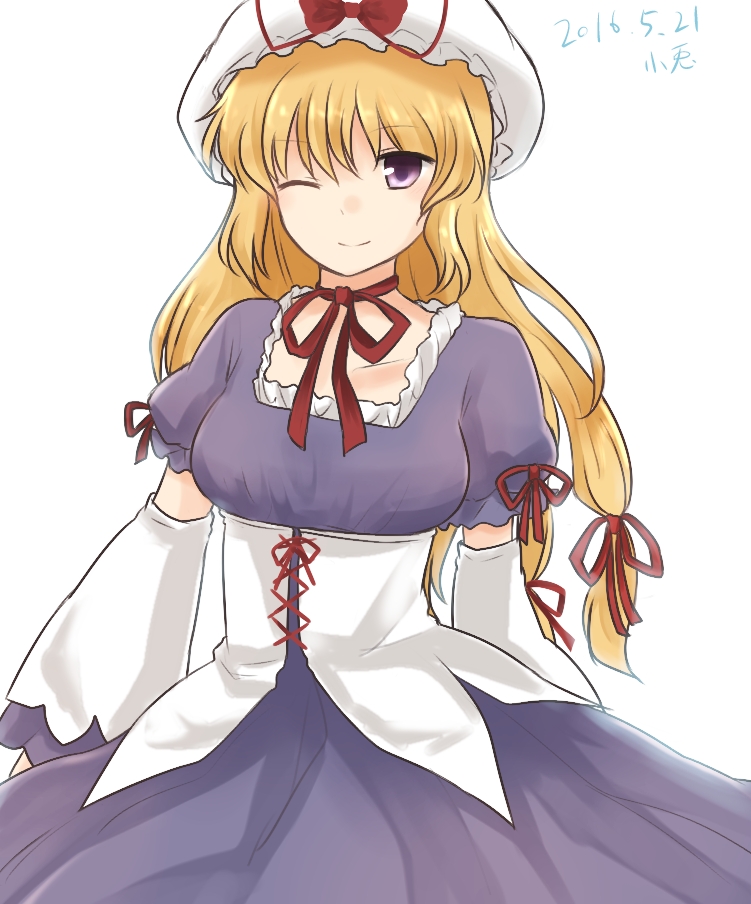 koto (shiberia39), yakumo yukari, touhou, 1girl, alternate headwear, blonde hair, bow, breasts, closed mouth, dated, detached sleeves, dress, dress ribbon, frills, hair between eyes, hair ribbon, hat, hat bow, long dress, long hair, looking at viewer, mob cap, neck ribbon, one eye closed, puffy short sleeves, puffy sleeves, purple dress, purple eyes, red bow, red ribbon, ribbon, shirt ribbon, short sleeves, smile, solo, white hat