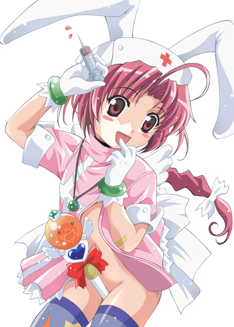arino hiroshi, nakahara komugi, nurse witch komugi-chan, 00s, 1girl, :3, ahoge, animal ears, bandaid, bandaid on arm, blush, blush stickers, bracelet, braid, fang, female focus, flat chest, gloves, hat, jewelry, loli, no panties, nurse, nurse cap, pink hair, print thighhighs, rabbit ears, smile, solo, syringe, thighhighs, wand