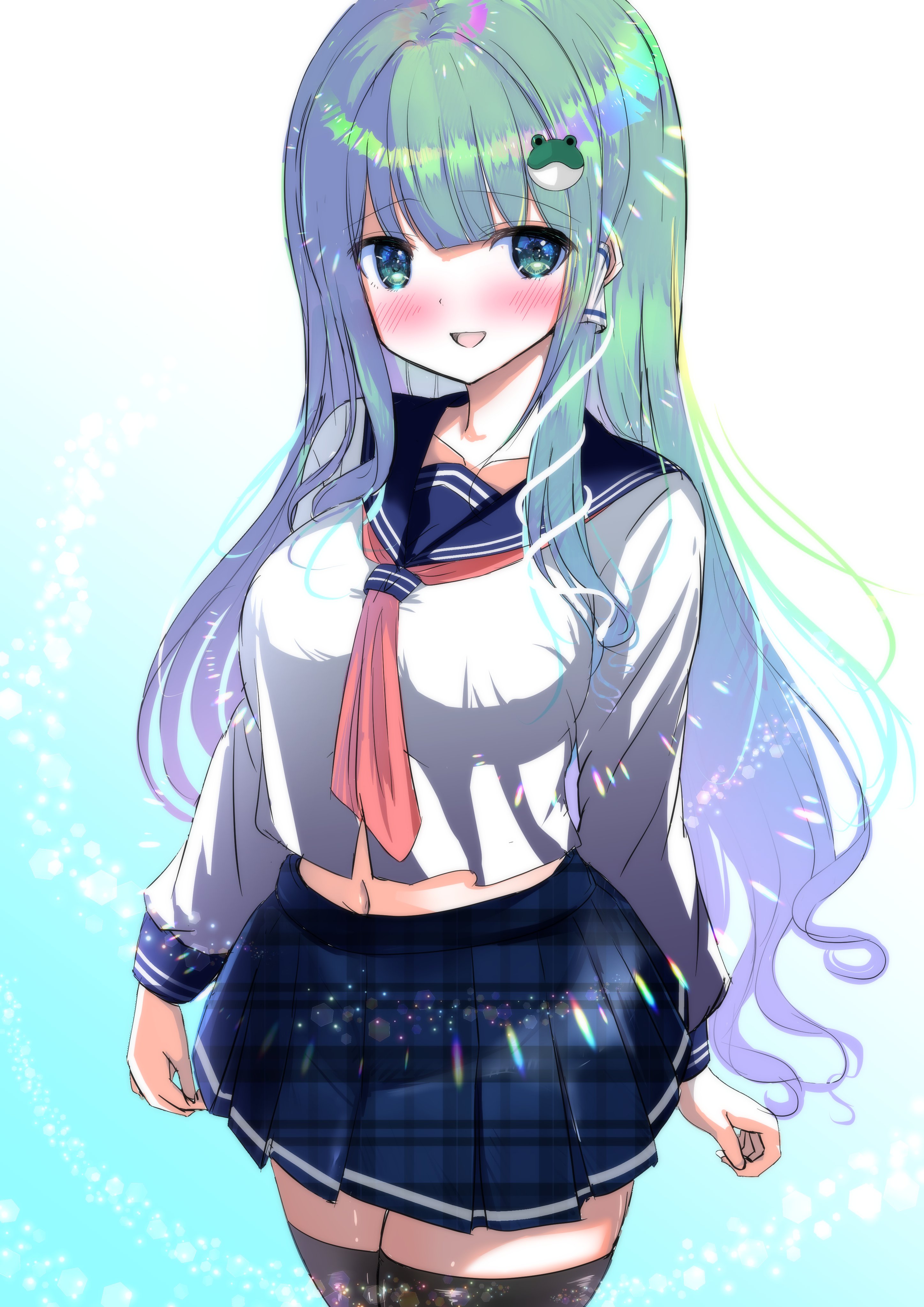 tomo (uguisu-tei), kochiya sanae, touhou, absurdres, commentary request, highres, 1girl, alternate costume, black thighhighs, blue sailor collar, blue skirt, blush, breasts, collarbone, cowboy shot, frog hair ornament, green eyes, green hair, hair ornament, hair tubes, large breasts, long hair, long sleeves, looking at viewer, midriff, navel, neckerchief, open mouth, plaid clothes, plaid skirt, pleated skirt, red neckerchief, sailor collar, school uniform, serafuku, shirt, skirt, smile, solo, thighhighs, unmoving pattern, white shirt