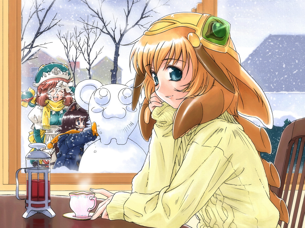 animal ears, blue eyes, chair, closed eyes, drink, glasses, hat, scarf, sitting, snow, sweater, tea, window