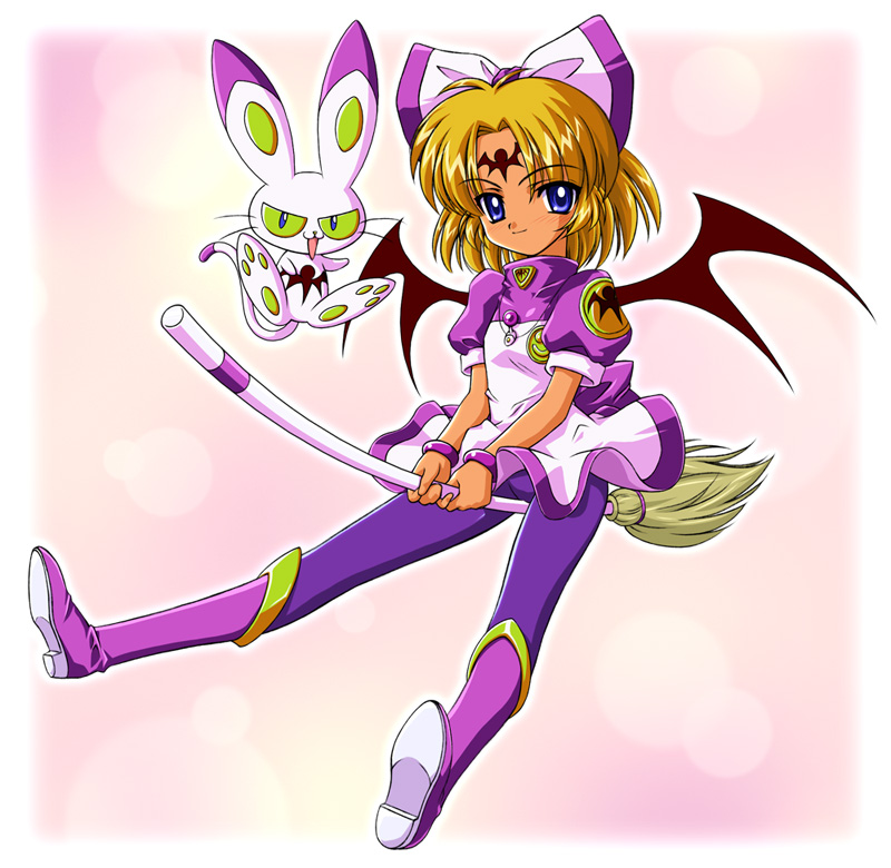 animal, blonde hair, blue eyes, bow, broom, short hair, wings, witch