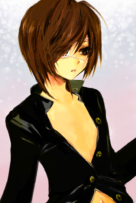 hiro (pixiv), original, bad id, bad pixiv id, source request, 1boy, androgynous, brown eyes, brown hair, buttons, eyepatch, hair over one eye, long sleeves, male focus, mole, mole under eye, no bra, open clothes, open mouth, open shirt, shirt, short hair, solo, unbuttoned