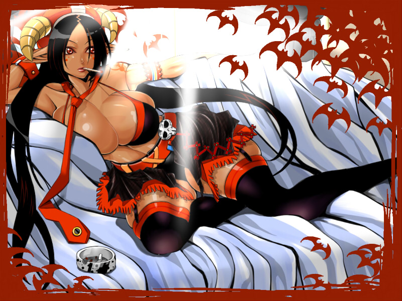 hdkg, original, 1girl, ashtray, breasts, cigarette, cleavage, curvy, dark-skinned female, dark skin, female focus, horns, huge breasts, large breasts, necktie, pointy ears, skirt, smoking, solo, thick thighs, thighhighs, thighs