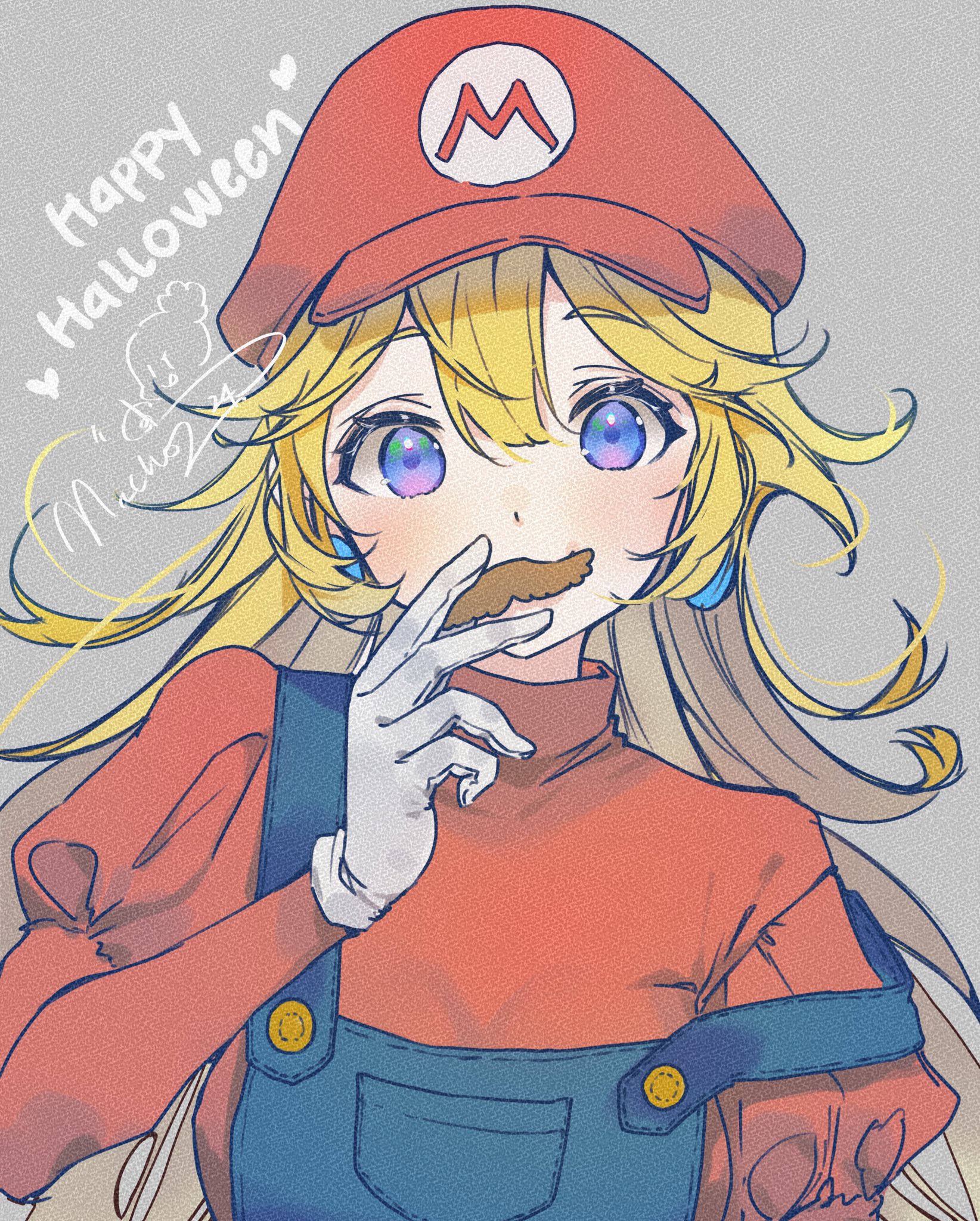 nachoz (nachozart), mario, princess peach, mario (series), nintendo, commentary, highres, symbol-only commentary, 1girl, blonde hair, blue eyes, blue overalls, cosplay, covered mouth, earrings, fake facial hair, fake mustache, gloves, grey background, hair between eyes, hand up, happy halloween, hat, holding, holding mustache, jewelry, juliet sleeves, long hair, long sleeves, looking at viewer, mario (cosplay), newsboy cap, overalls, puffy sleeves, red hat, red shirt, shirt, signature, solo, straight-on, strap slip, turtleneck, turtleneck shirt, upper body, white gloves