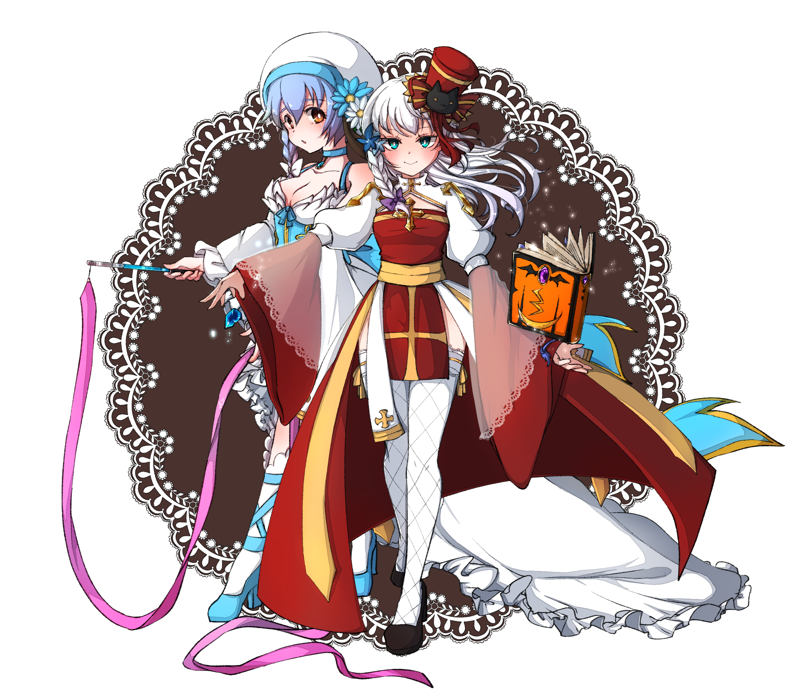 asuta (kinakomoti300), arch bishop (ragnarok online), wanderer (ragnarok online), ragnarok online, commentary request, highres, 2girls, back bow, black shoes, blue bow, blue corset, blue eyes, blue flower, blue gemstone, blue hair, blue shoes, blush, book, bow, braid, breasts, cleavage, cleavage cutout, closed mouth, clothing cutout, corset, cross, detached sleeves, dress, fishnet thighhighs, fishnets, flower, frilled dress, frilled sleeves, frilled thighhighs, frills, full body, gem, hair bow, hat, hat flower, hat ornament, high heels, holding, holding book, juliet sleeves, leaf hat ornament, long hair, long sleeves, looking at viewer, medium breasts, multiple girls, official alternate costume, open mouth, orange eyes, puffy sleeves, purple bow, red dress, red hat, ribbon, ribbon baton, sash, shoes, short hair, side braid, simple background, single braid, sleeveless, sleeveless dress, smile, socks, standing, tam (ragnarok online), thighhighs, top hat, transparent background, two-tone dress, white dress, white flower, white hair, white hat, white sleeves, white socks, white thighhighs, wide sleeves, yellow sash