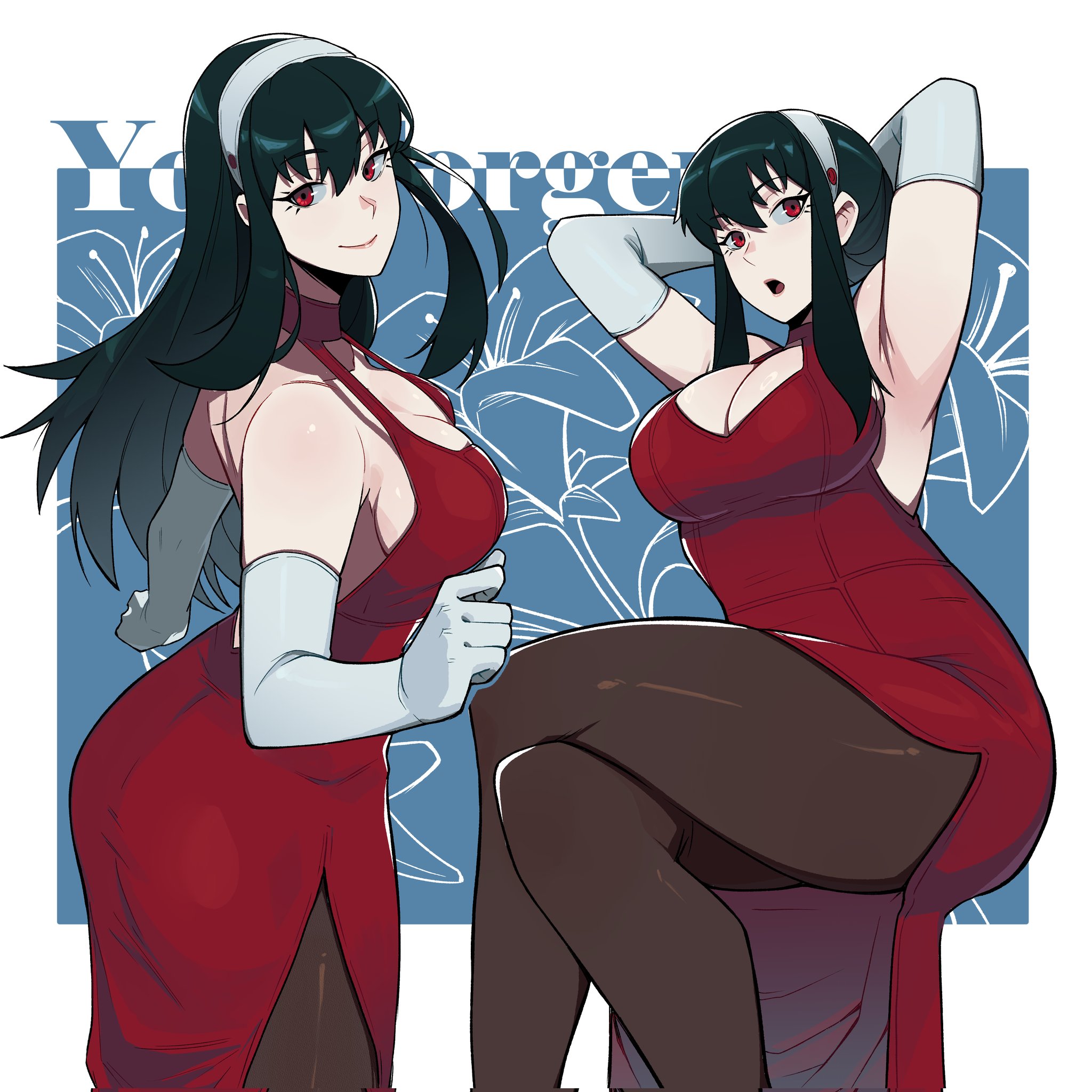 aneurysm ax, yor briar, spy x family, commentary, highres, 1girl, arms behind back, bare shoulders, black hair, breasts, character name, cleavage, closed mouth, dress, elbow gloves, gloves, hair between eyes, hairband, large breasts, long hair, looking at viewer, multiple views, open mouth, pantyhose, red dress, red eyes, smile, solo, white gloves