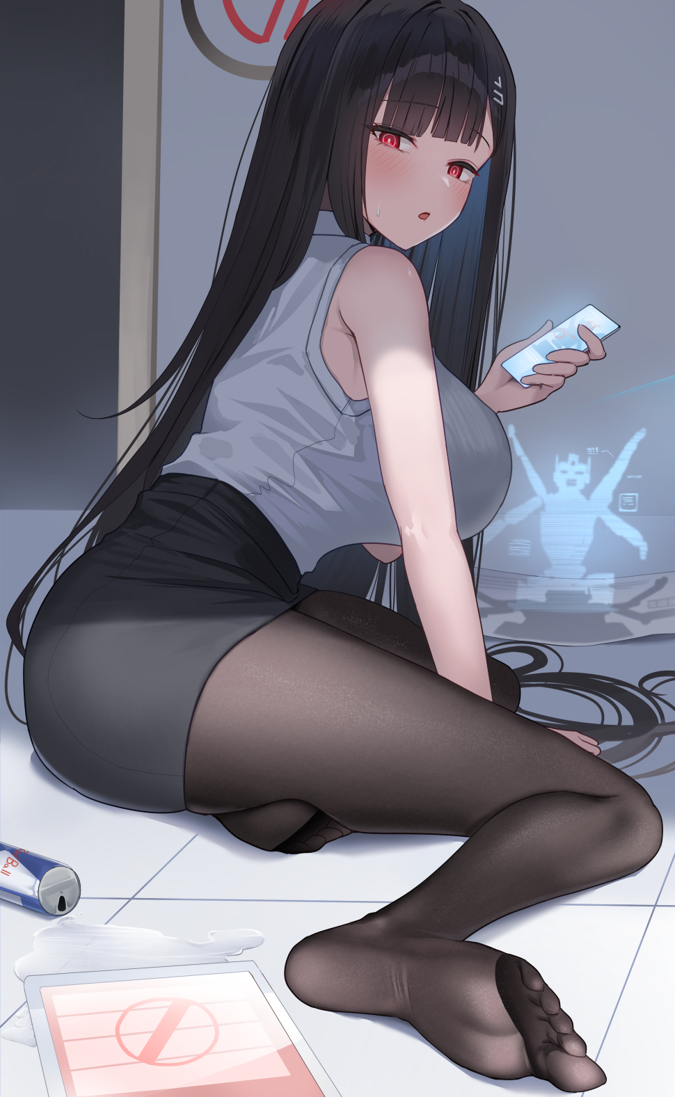 shougun (chuckni1), rio (blue archive), blue archive, highres, 1girl, black hair, black pantyhose, black skirt, breasts, can, hair ornament, hairclip, halo, holding, holding phone, long hair, looking at viewer, no shoes, pantyhose, phone, red eyes, shirt, skirt, sleeveless, sleeveless shirt, solo, white shirt
