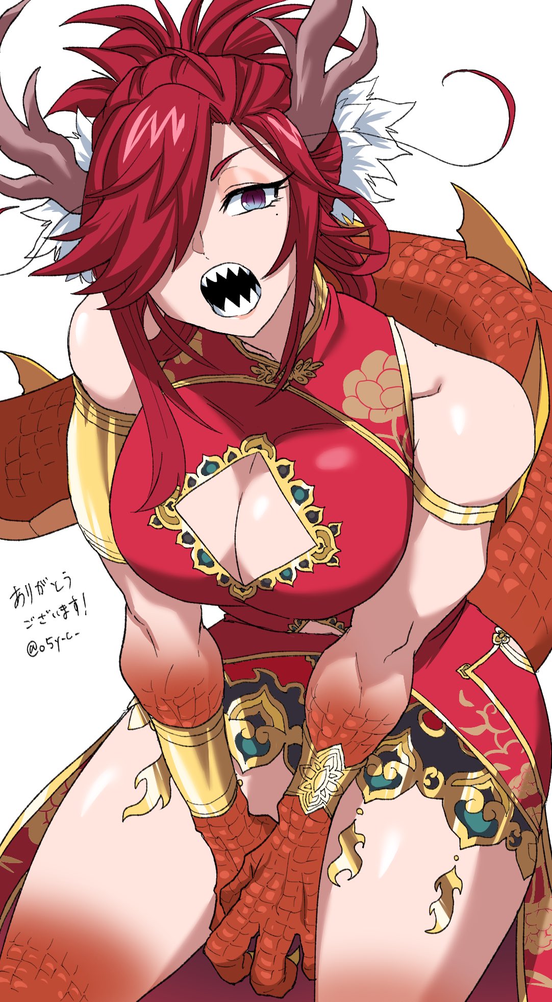 nasu (ilo a5), original, gold armlet, commission, highres, skeb commission, 1girl, armlet, biceps, breasts, china dress, chinese clothes, claws, cleavage, cleavage cutout, clothing cutout, dragon girl, dragon horns, dragon tail, dress, floral print, hair over one eye, horns, jewelry, large breasts, looking at viewer, mole, mole under eye, multicolored eyes, muscular, muscular female, open mouth, orange scales, ponytail, print dress, red dress, red hair, scales, sharp teeth, simple background, sitting, sleeveless, sleeveless dress, solo, tail, teeth, thighs, twitter username, v arms, white background