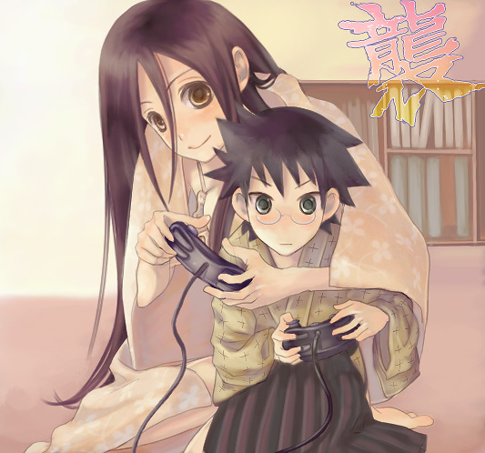 furayu (flayu), numeri (pixiv), itoshiki majiru, komori kiri, sayonara zetsubou sensei, non-web source, 00s, 1boy, 1girl, bikini, black hair, blanket, brown eyes, controller, game controller, gamepad, hakama, hakama skirt, japanese clothes, long hair, playing games, skirt, smile, swimsuit, video game