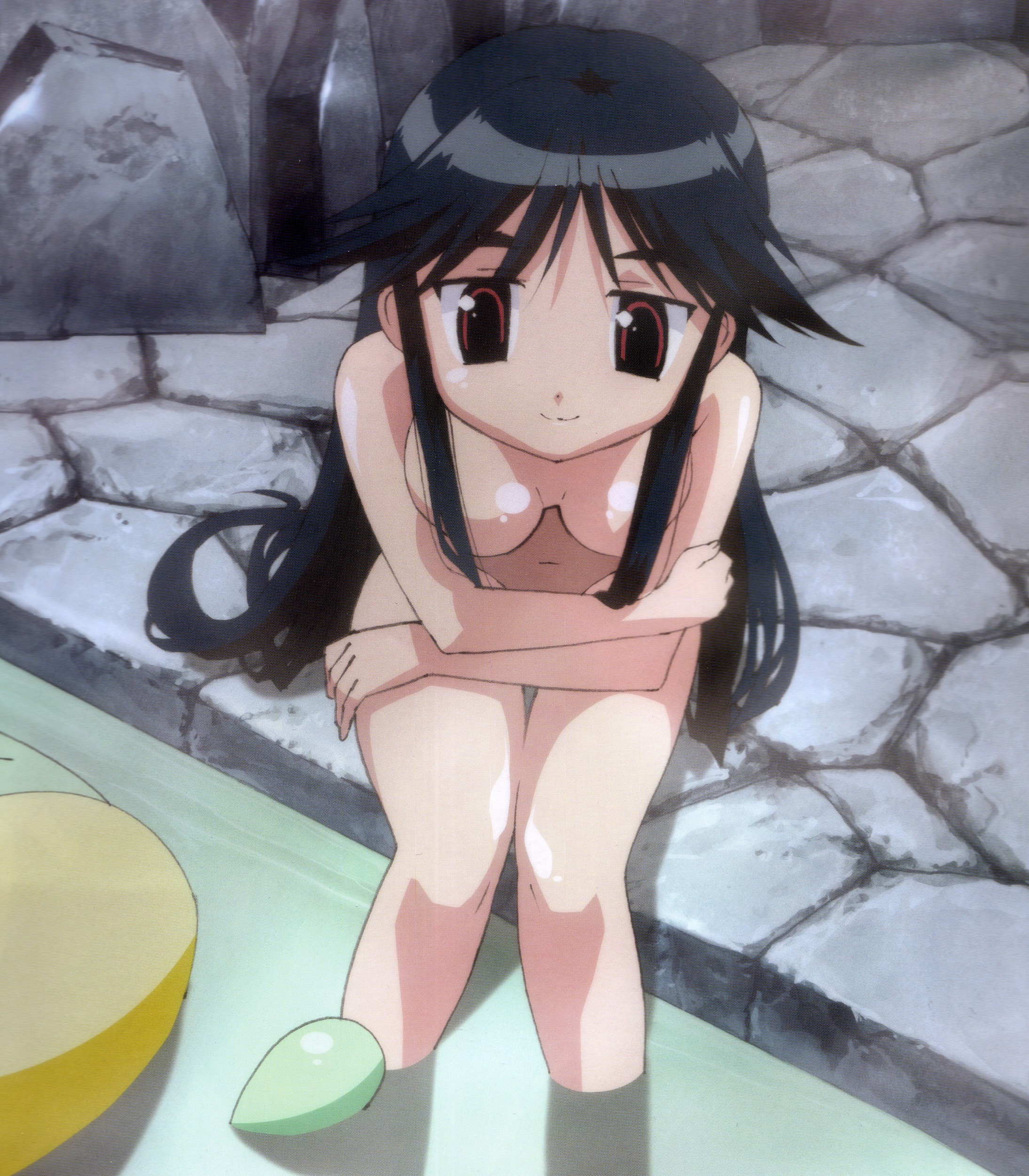 machi (nagasarete airantou), toono (nagasarete airantou), nagasarete airantou, absurdres, highres, scan, scan artifacts, afloat, bath, black hair, breasts, crossed arms, feet in water, hair over breasts, kappa, leaning forward, long hair, nude, onsen, red eyes, sitting, smile, soaking feet, thigh gap, very long hair, water
