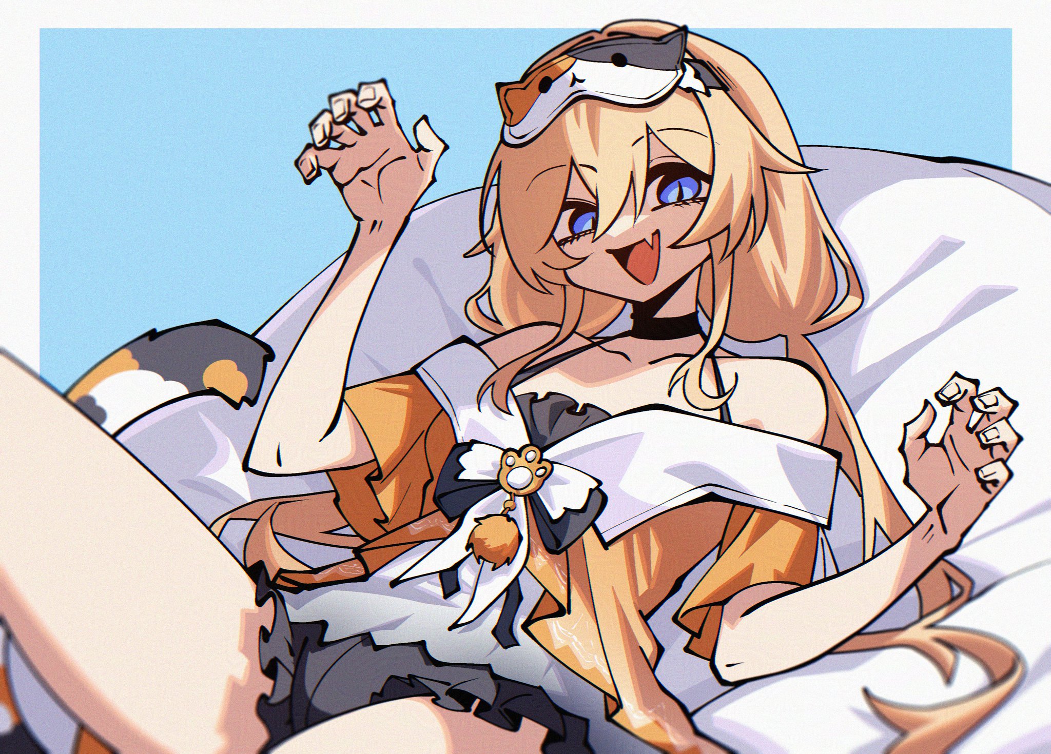dryegen, michele (feline energy) (strinova), michele (strinova), strinova, highres, 1girl, :d, bare shoulders, bean bag chair, blonde hair, blue eyes, cat tail, choker, collarbone, fake tail, fang, frilled shorts, frills, hair between eyes, halterneck, hands up, leg up, long hair, looking at viewer, low twintails, lying, off shoulder, official alternate costume, on back, open mouth, paw print, shorts, sidelocks, simple background, skin fang, sleep mask, slit pupils, smile, solo, tail, thighs, twintails