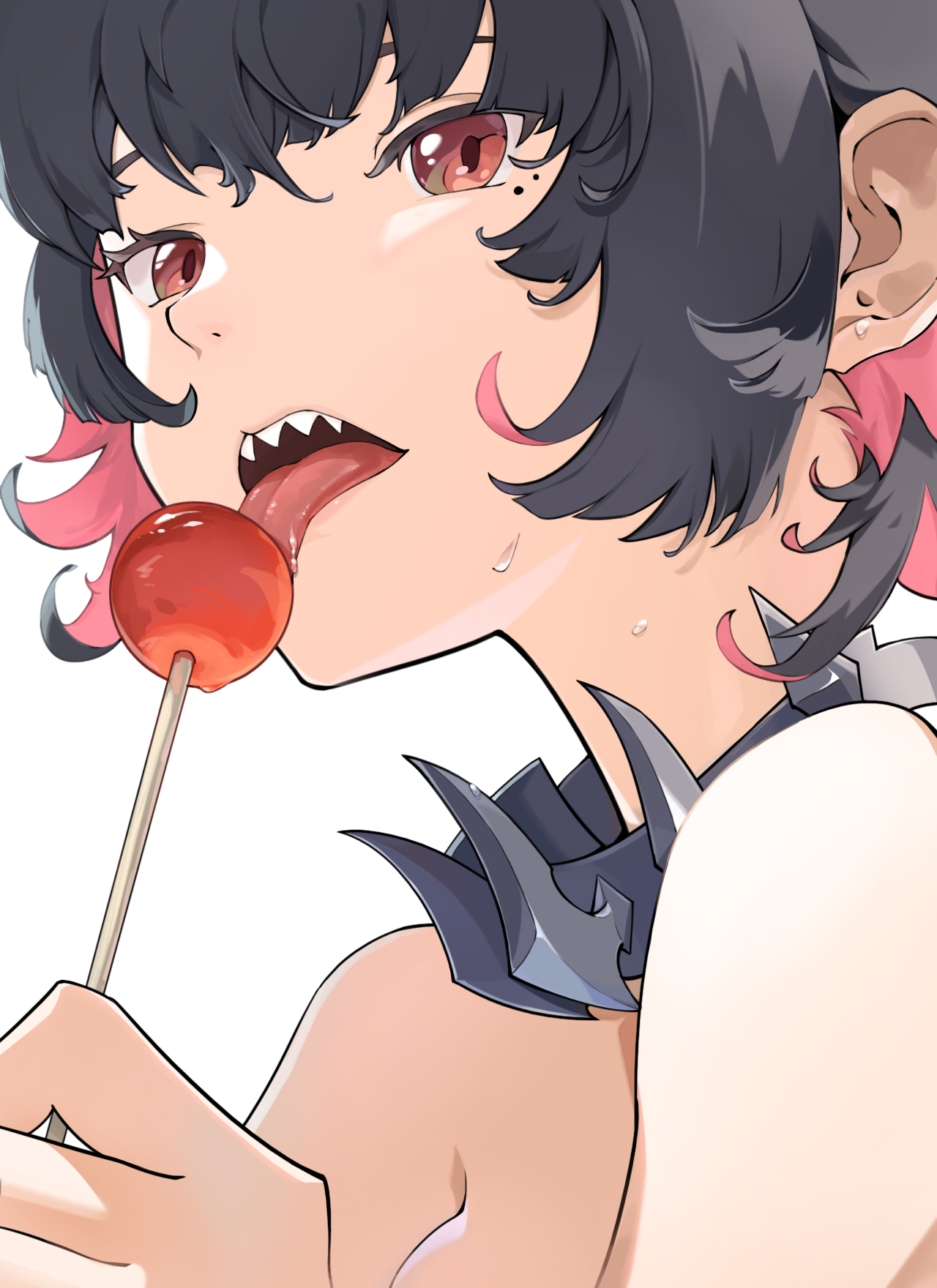 liang mu, ellen joe, zenless zone zero, highres, 1girl, bare shoulders, black hair, candy, candy apple, close-up, collar, colored inner hair, food, holding, holding candy, holding food, holding lollipop, licking, lollipop, looking at viewer, mole, mole under eye, multicolored hair, open mouth, pink hair, portrait, red eyes, sharp teeth, short hair, simple background, solo, spikes, sweat, teeth, tongue, tongue out, two-tone hair, upper body, white background