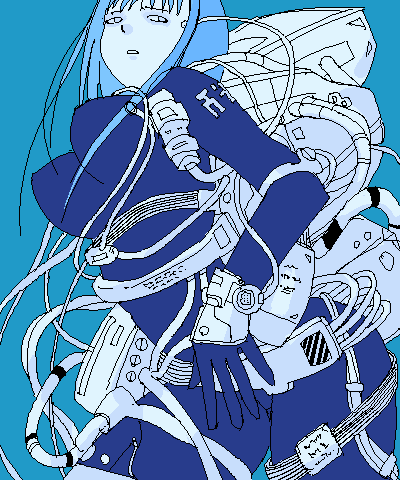 san sakaki, cibo, blame!, lowres, 1girl, blue background, blue hair, blue theme, breasts, female focus, large breasts, long hair, machinery, monochrome, solo, wire