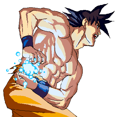 ug (ugg), son goku, dragon ball, bad id, bad pixiv id, lowres, 1boy, aura, kamehameha (dragon ball), male focus, oekaki, solo, topless male