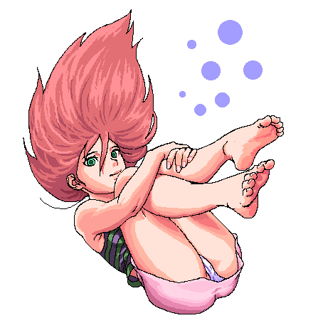 ug (ugg), riruru (doraemon), daichouhen doraemon, doraemon, doraemon: nobita to tetsujin heidan, doraemon: shin nobita to tetsujin heidan: habatake tenshi tachi, bad id, bad pixiv id, lowres, 1girl, android, barefoot, falling, feet, female focus, green eyes, long hair, looking at viewer, miniskirt, oekaki, panties, pantyshot, pink hair, red hair, robot, simple background, skirt, solo, tank top, underwear, upskirt, white background, white panties