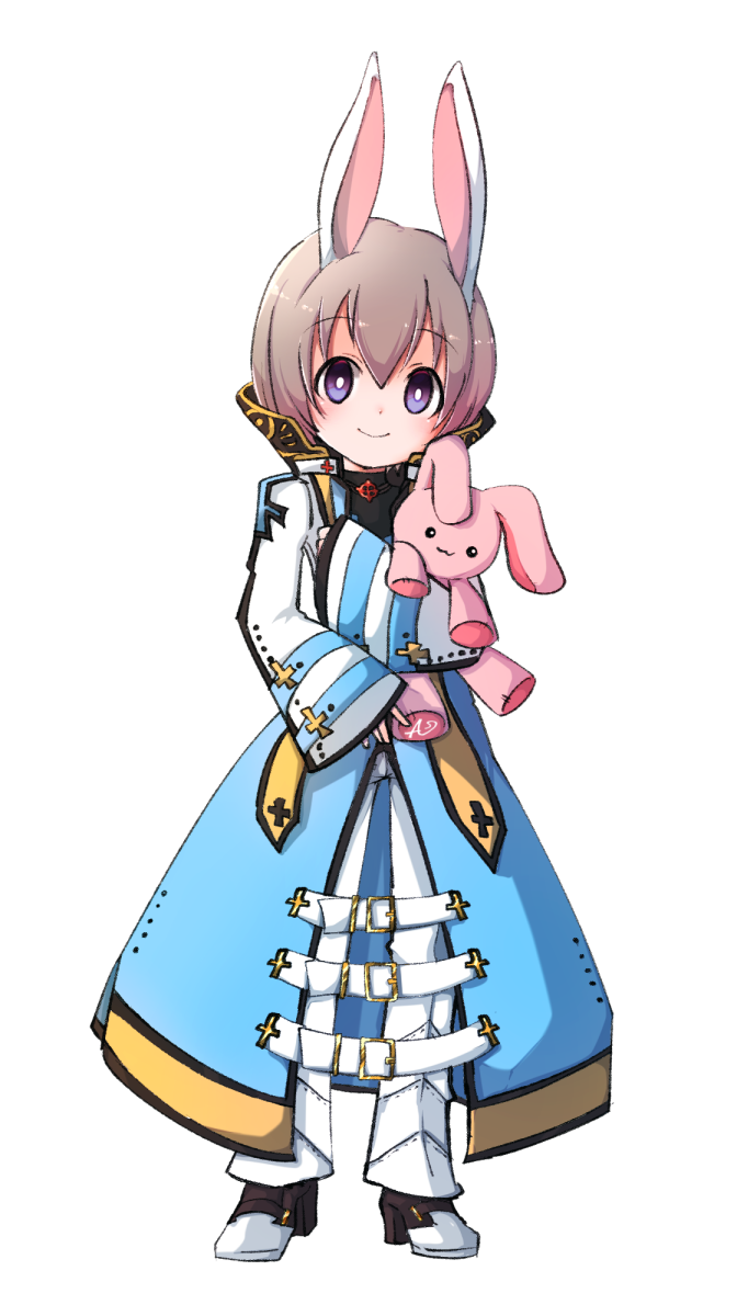 asuta (kinakomoti300), arch bishop (ragnarok online), ragnarok online, commentary request, highres, 1boy, animal ears, black shirt, black shoes, blue coat, bright pupils, brown hair, closed mouth, coat, full body, jacket, long sleeves, looking at viewer, male focus, multicolored shoes, pants, purple eyes, rabbit ears, shirt, shoes, short hair, simple background, smile, solo, stuffed animal, stuffed rabbit, stuffed toy, two-tone shoes, white jacket, white pants, white pupils, white shoes