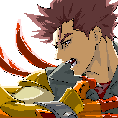ug (ugg), kazuma (scryed), scryed, bad id, bad pixiv id, lowres, 00s, 1boy, alter form, brown hair, claws, fang, male focus, oekaki, power fist, solo, vest, yellow eyes