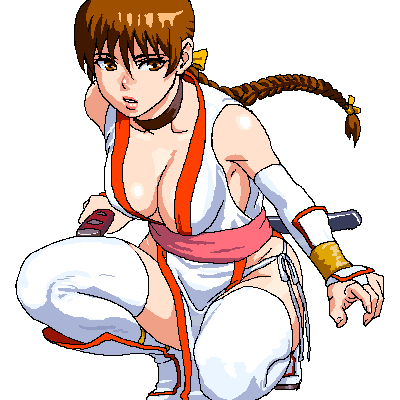 ug (ugg), kasumi (doa), dead or alive, tecmo, bad id, bad pixiv id, lowres, 1girl, braid, breasts, brown eyes, brown hair, cleavage, female focus, large breasts, ninja, oekaki, pelvic curtain, ponytail, solo, thighhighs