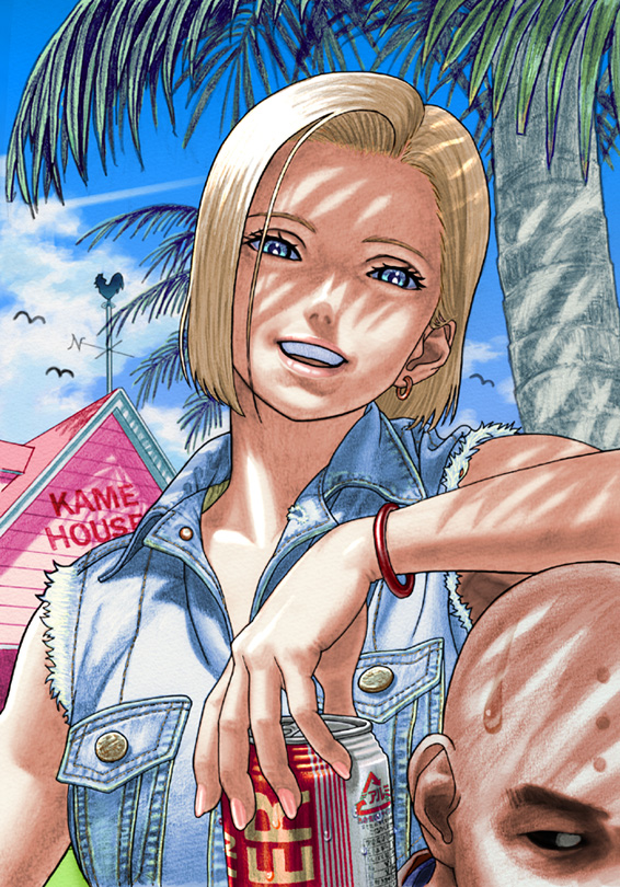 ug (ugg), android 18, kuririn, dragon ball, dragonball z, bad id, bad pixiv id, colored pencil (medium), traditional media, 1boy, 1girl, alcohol, bald, beach, beer, blonde hair, blue eyes, bracelet, can, day, denim, denim jacket, earrings, jacket, jewelry, kame house, palm tree, realistic, short hair, smile, soda, sweat, sweatdrop, tree, vest