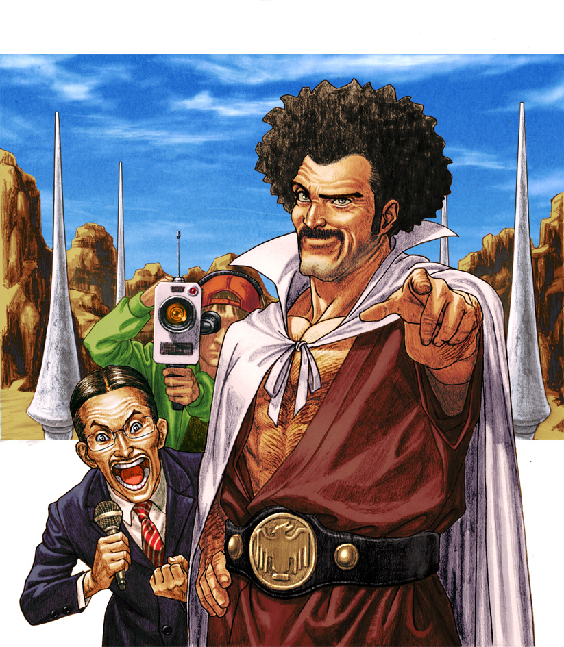 ug (ugg), jimmy firecracker, mr. satan, dragon ball, dragonball z, diagonal-striped neckwear, striped neckwear, bad id, bad pixiv id, 3boys, afro, backwards hat, baseball cap, belt, black facial hair, black hair, black jacket, black suit, blue sky, brown hair, buttoned cuffs, buttons, camera, cape, chest hair, clenched hand, cloud, collared shirt, day, diagonal-striped clothes, diagonal-striped necktie, dougi, facial hair, formal clothes, glasses, hand on own hip, hat, holding, holding camera, holding microphone, jacket, long sleeves, looking at viewer, male focus, martial arts belt, medal, microphone, multiple boys, muscular, mustache, necktie, open mouth, outdoors, pointing, pointing at viewer, raised eyebrow, realistic, red necktie, shirt, short hair, sky, striped clothes, striped necktie, suit, teeth, tongue, white cape, white shirt