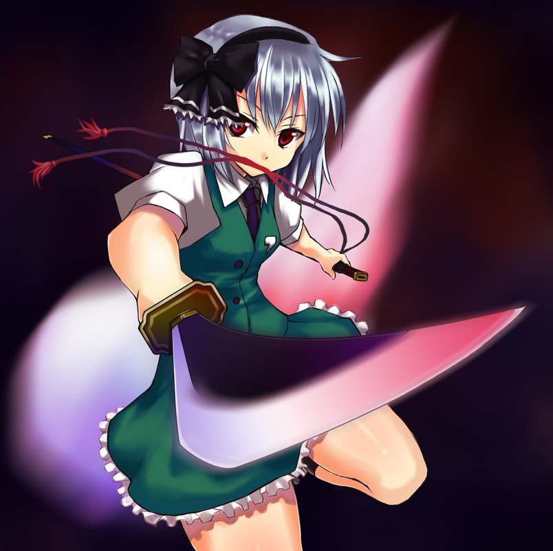 tsujigiri, konpaku youmu, konpaku youmu (ghost), touhou, silver hair, 1girl, female focus, hairband, hitodama, katana, mouth hold, red eyes, ribbon, school uniform, serafuku, short hair, solo, sword, weapon