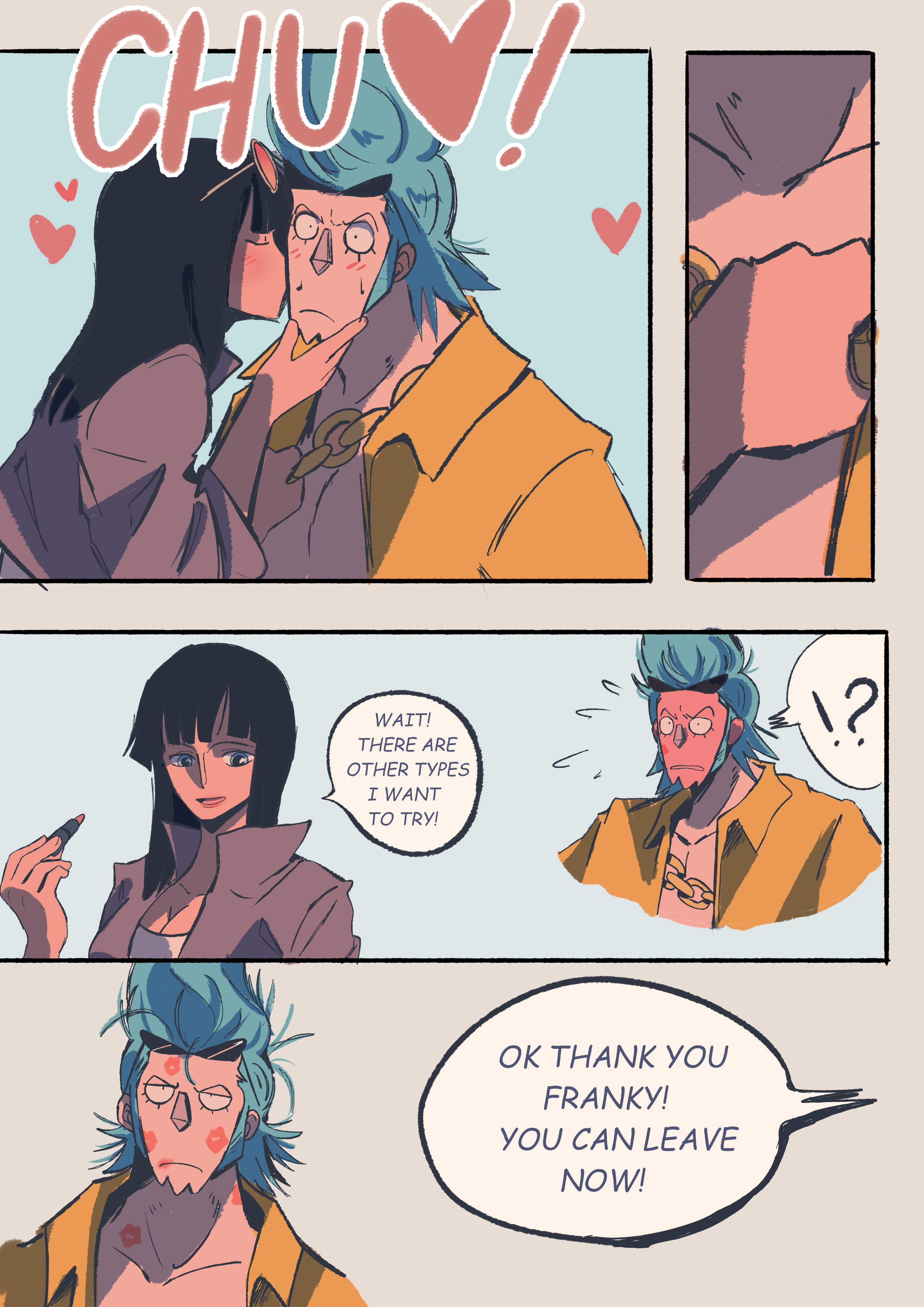 gmoirl24, franky (one piece), nico robin, one piece, absurdres, highres, 1boy, 1girl, black hair, blue hair, blush, cyborg, eyewear on head, kiss, kissing cheek, robot, speech bubble, spiked hair, sunglasses