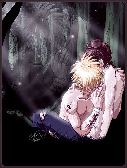 tenten (naruto), uzumaki naruto, naruto (classic), naruto (series), artist request, 1boy, 1girl, arm around neck, bandages, blonde hair, blood, breast sucking, breasts, brown hair, couple, cuts, double bun, faceless, facial mark, forest, grabbing another's breast, groping, hair bun, hetero, hug, injury, light rays, muscular, nature, short hair, signature, sunbeam, sunlight, sweat, topless female, torn clothes, whisker markings, whiskers