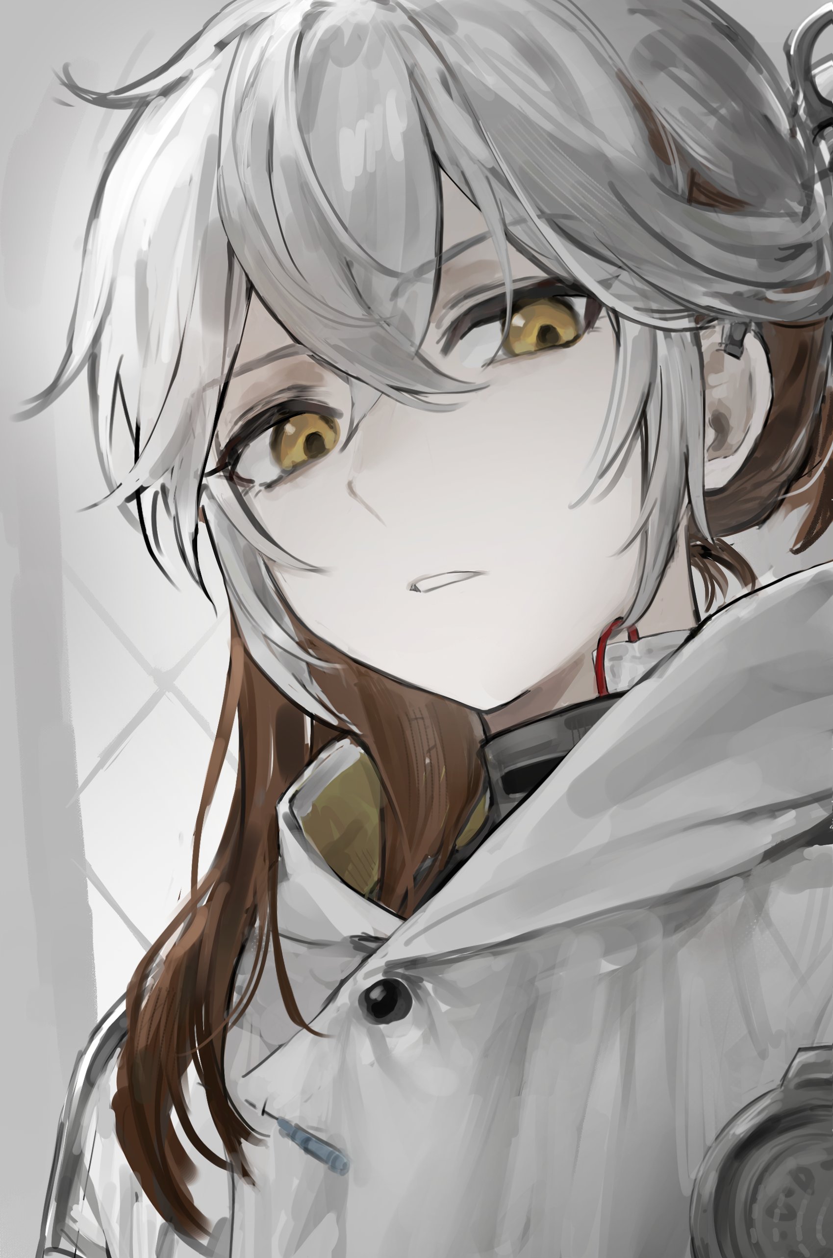 oreugol, medicine pocket, reverse:1999, absurdres, highres, 1other, brown hair, coat, crossed bangs, grey background, hair between eyes, looking at viewer, medium hair, multicolored hair, parted lips, portrait, solo, streaked hair, white coat, white hair, yellow eyes