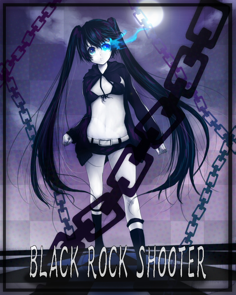 mosho, black rock shooter (character), black rock shooter, bad id, bad pixiv id, 10s, 1girl, bikini, bikini top only, black*rock shooter, black bikini, black hair, blue eyes, chain, female focus, long hair, pale skin, short shorts, shorts, sky, solo, swimsuit, twintails