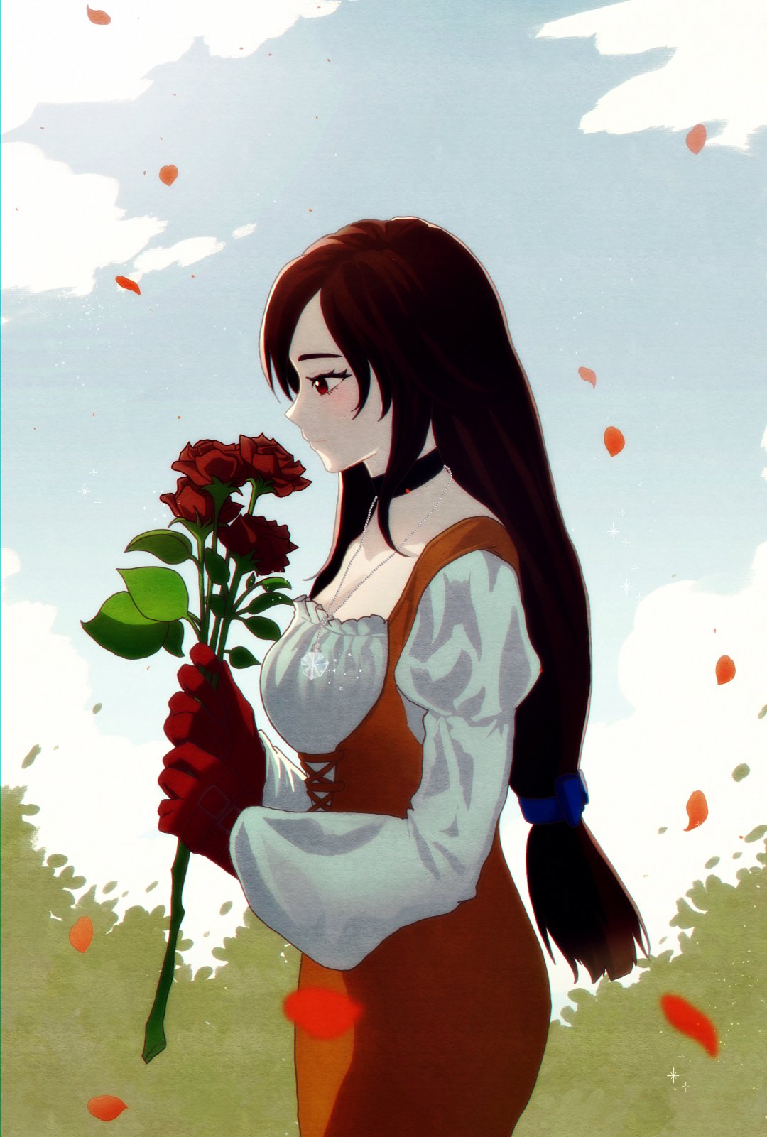 garnet til alexandros xvii, final fantasy, final fantasy ix, highres, 1girl, assortcookie 25, black choker, black hair, bodysuit, breasts, brown eyes, choker, closed mouth, cowboy shot, crystal, falling petals, flower, gloves, hair ornament, hairclip, jewelry, light blush, long hair, long sleeves, low-tied long hair, medium breasts, orange bodysuit, pendant, petals, puffy long sleeves, puffy sleeves, red flower, red gloves, red petals, red rose, rose, shirt, solo, white shirt