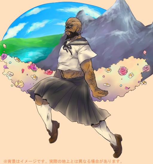 yachii, lordgenome, tengen toppa gurren lagann, translated, 00s, 1boy, bald, crossdressing, crossdressing (mtf), fabulous, flower, landscape, male focus, school uniform, serafuku, solo, spiral king, what
