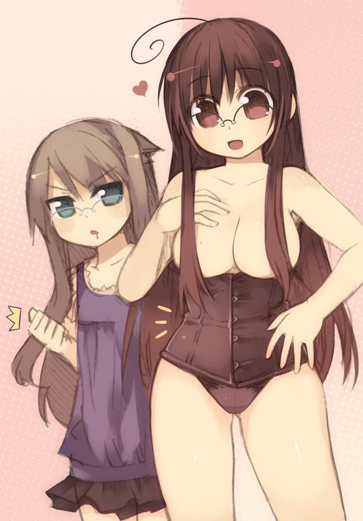 kashiwamochi yomogi, arima senka, arima senne, original, 2girls, bare shoulders, black panties, blue eyes, breast envy, breasts, brown eyes, brown hair, censored, censored nipples, convenient censoring, corset, flat chest, glasses, hair over breasts, large breasts, long hair, looking at breasts, multiple girls, panties, topless female, underwear