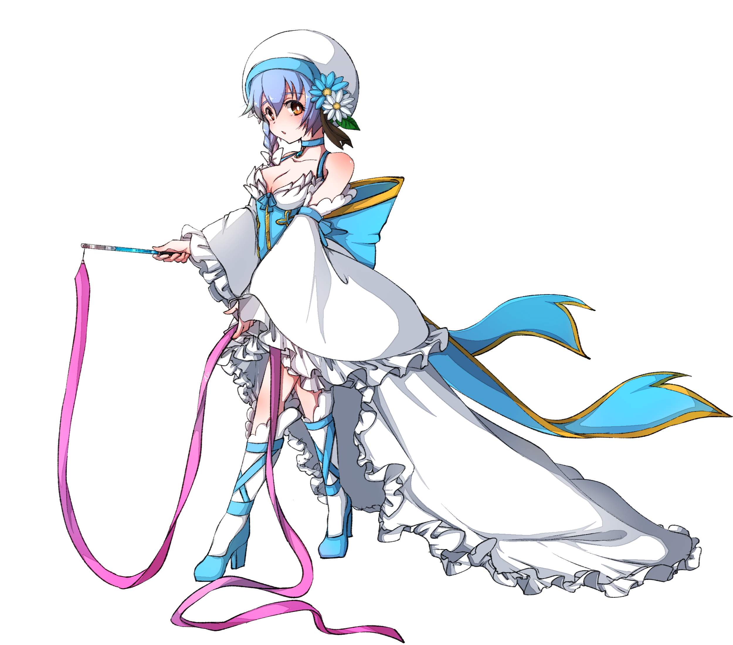 asuta (kinakomoti300), wanderer (ragnarok online), ragnarok online, commentary request, highres, 1girl, back bow, blue bow, blue corset, blue flower, blue gemstone, blue hair, blue shoes, blush, bow, breasts, cleavage, corset, detached sleeves, dress, flower, frilled dress, frilled sleeves, frills, full body, gem, hat, hat flower, hat ornament, high heels, leaf hat ornament, looking at viewer, medium breasts, official alternate costume, open mouth, orange eyes, ribbon, ribbon baton, shoes, short hair, simple background, sleeveless, sleeveless dress, socks, solo, tam (ragnarok online), white dress, white flower, white hat, white sleeves, white socks, wide sleeves