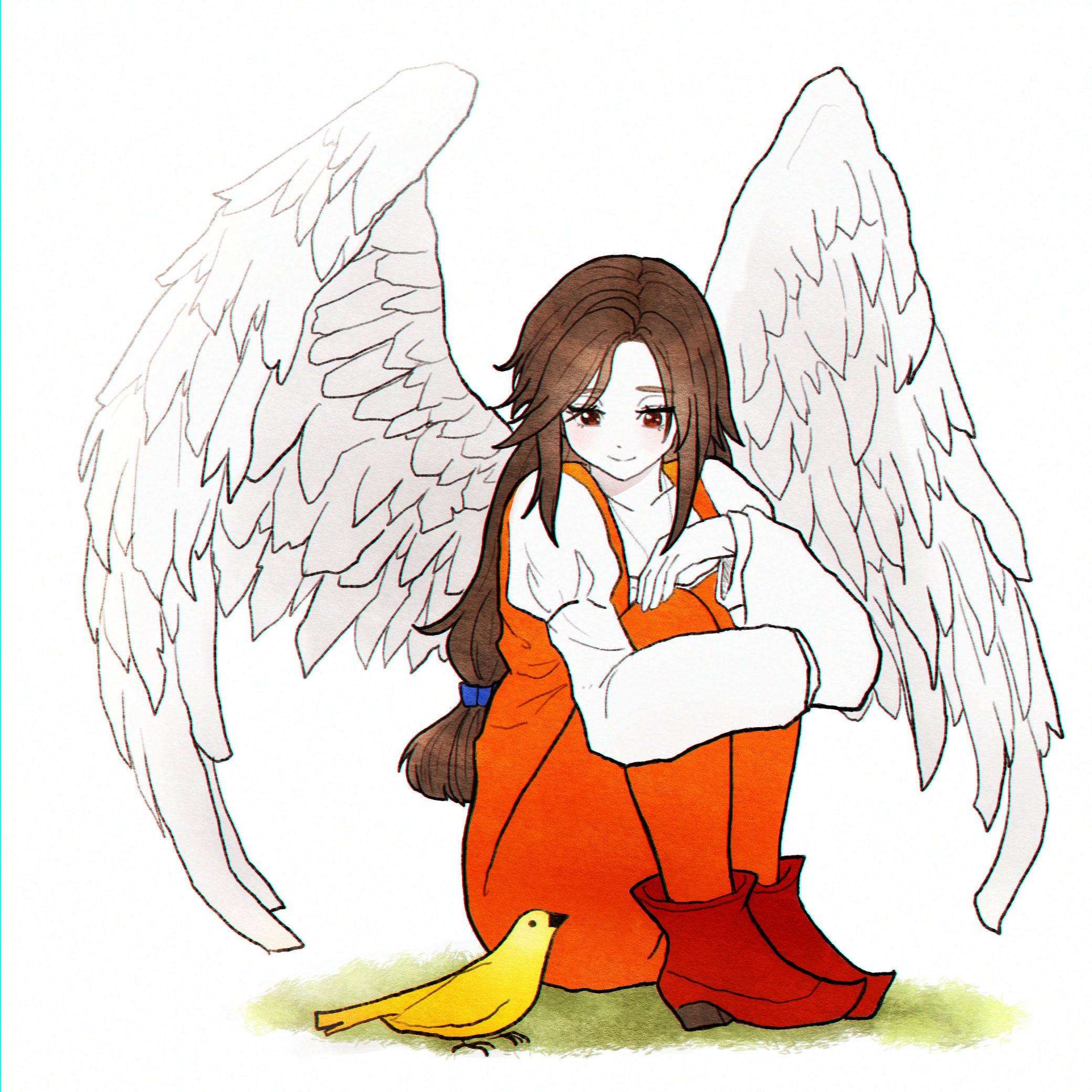 garnet til alexandros xvii, final fantasy, final fantasy ix, highres, 1girl, assortcookie 25, bird, bodysuit, boots, brown eyes, brown hair, closed mouth, feathered wings, full body, hair ornament, hairclip, hugging own legs, jewelry, juliet sleeves, light smile, long hair, long sleeves, low-tied long hair, necklace, orange bodysuit, puffy sleeves, red boots, shirt, swept bangs, white background, white shirt, white wings, wings, yellow bird