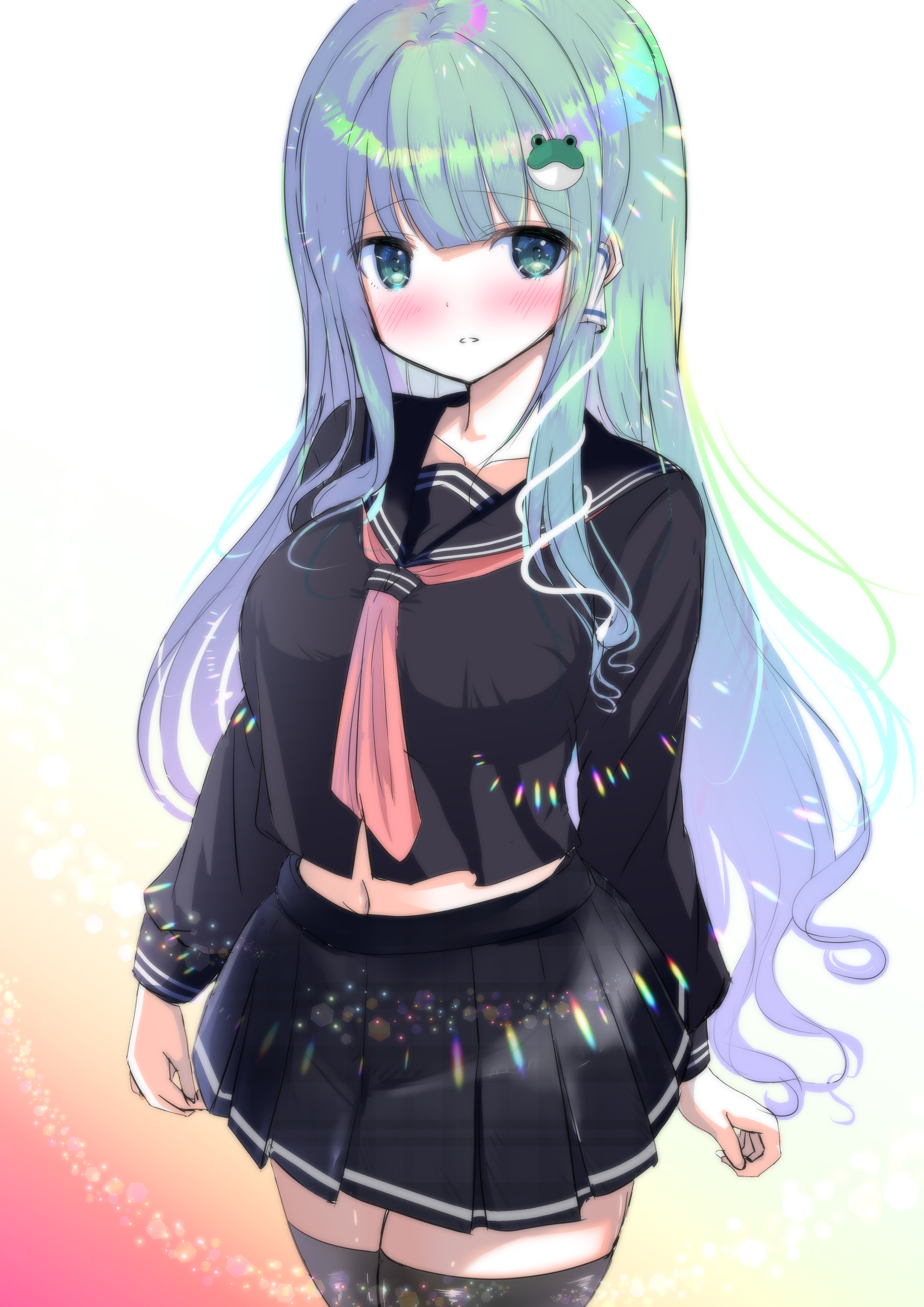 tomo (uguisu-tei), kochiya sanae, touhou, absurdres, commentary request, highres, 1girl, alternate costume, black serafuku, black shirt, black skirt, black thighhighs, blush, breasts, collarbone, cowboy shot, frog hair ornament, green eyes, green hair, hair ornament, hair tubes, large breasts, long hair, long sleeves, looking at viewer, midriff, navel, neckerchief, parted lips, pleated skirt, red neckerchief, school uniform, serafuku, shirt, skirt, solo, thighhighs