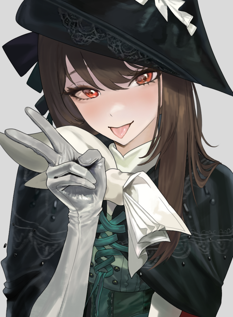 penchamu!, semmelweis (reverse:1999), reverse:1999, 1girl, :p, black cape, black hat, brown hair, cape, gloves, green shirt, grey background, hand up, hat, long hair, neckerchief, red eyes, shirt, solo, tongue, tongue out, tricorne, upper body, v, white gloves, white neckerchief