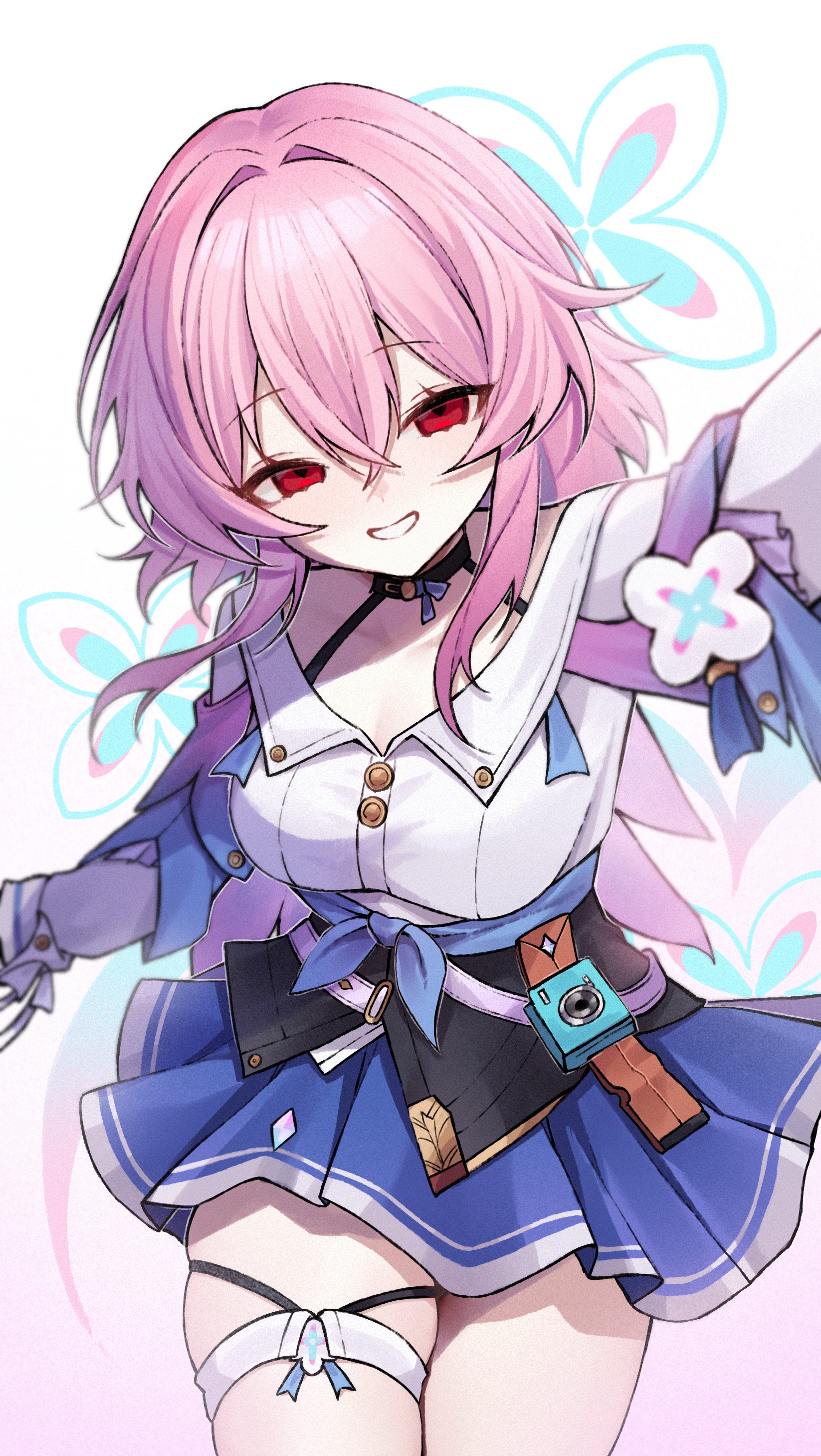 miclipse, evernight (honkai: star rail), march 7th (honkai: star rail), march 7th (preservation) (honkai: star rail), honkai: star rail, honkai (series), absurdres, commentary, english commentary, highres, 1girl, blue skirt, breasts, camera, cowboy shot, hair between eyes, long sleeves, looking at viewer, medium breasts, medium hair, parted lips, pink hair, red eyes, self cosplay, shirt, skindentation, skirt, smile, solo, thighs, white background, white shirt