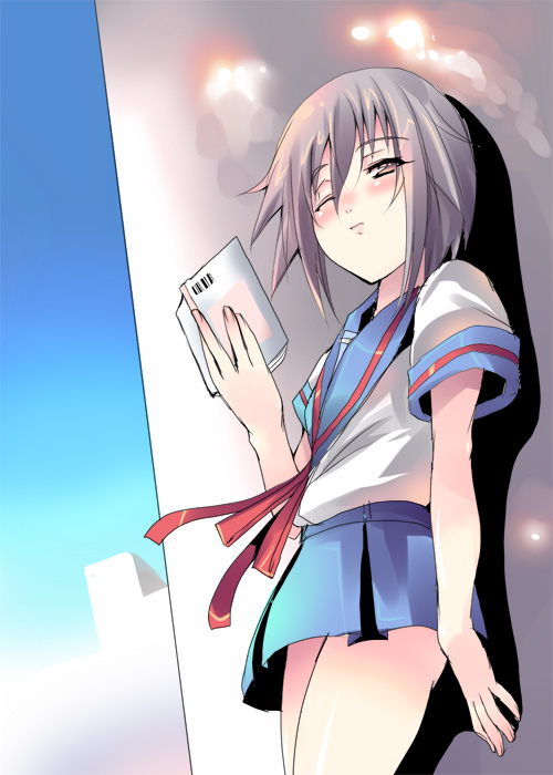shiranagi, nagato yuki, suzumiya haruhi no yuuutsu, 00s, 1girl, against wall, blush, book, female focus, grey hair, one eye closed, orange eyes, school uniform, serafuku, short hair, skirt, solo, wink