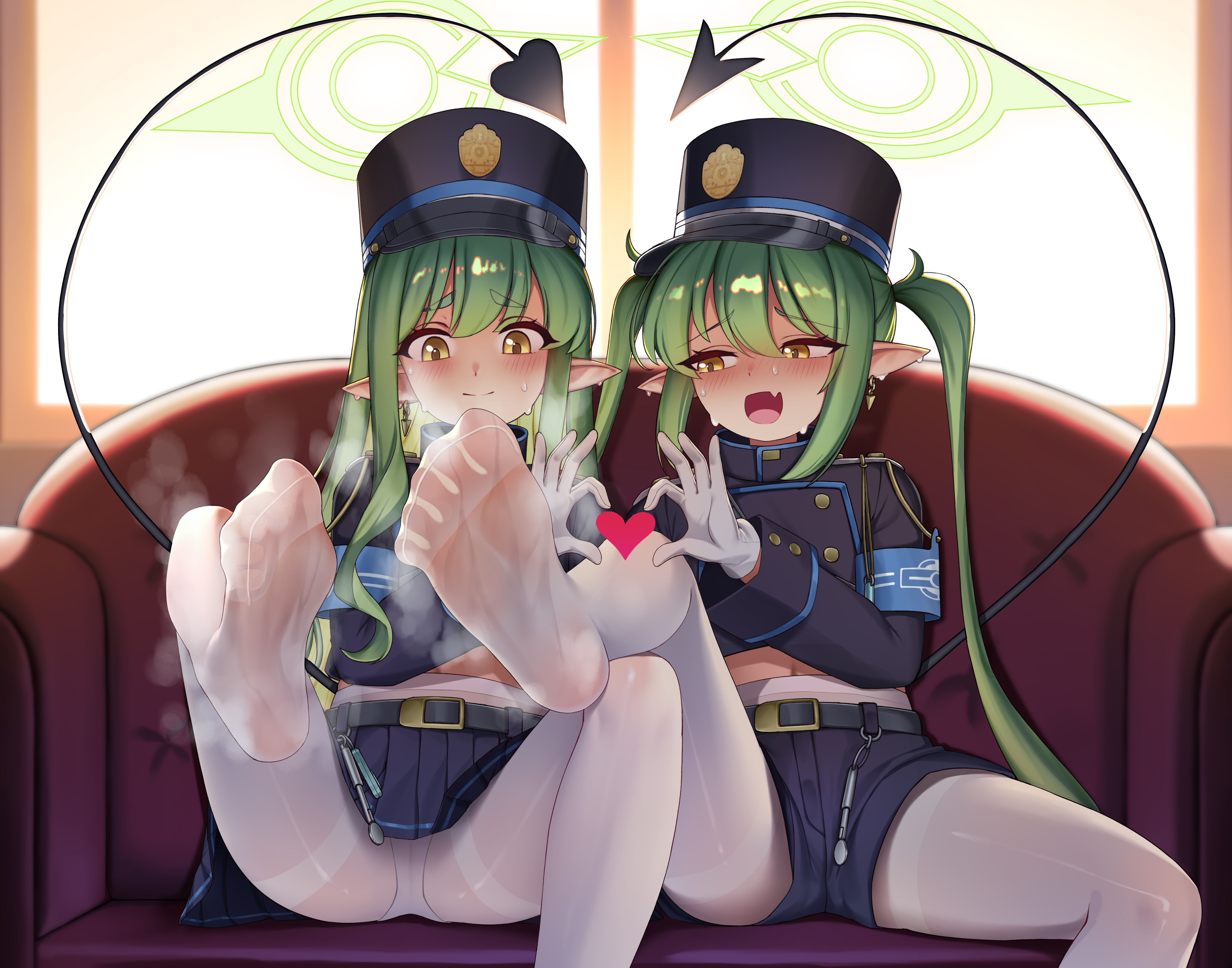 mimuxiao, hikari (blue archive), nozomi (blue archive), blue archive, absurdres, highres, 2girls, blush, demon tail, feet, green hair, hat, heart, heart hands, long hair, looking at another, looking at viewer, multiple girls, open mouth, panties, panties under pantyhose, pantyhose, pantyshot, pointy ears, soles, steam, sweat, tail, toes, twintails, underwear, white pantyhose, yellow eyes