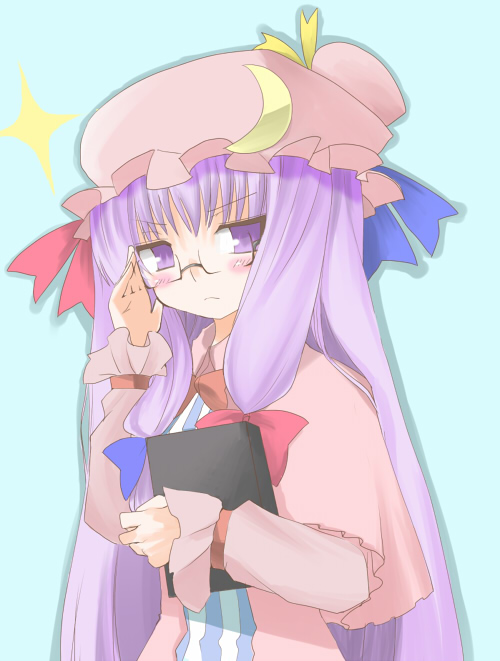 hane (hanegoya), patchouli knowledge, touhou, 1girl, adjusting eyewear, bespectacled, book, bow, crescent, female focus, glasses, hat, long hair, pink bow, purple eyes, purple hair, solo, very long hair