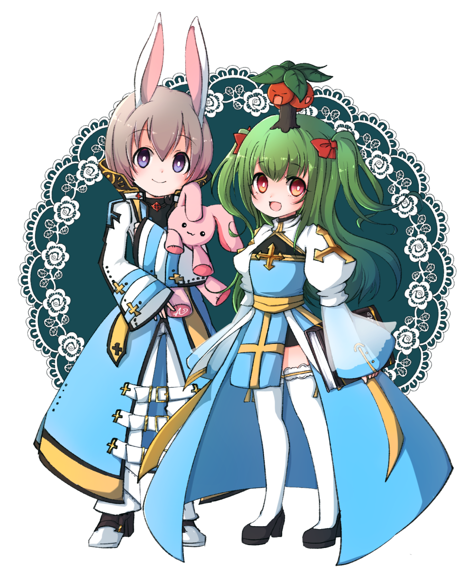 asuta (kinakomoti300), arch bishop (ragnarok online), ragnarok online, commentary request, highres, 1boy, 1girl, animal ears, black shirt, black shoes, blue coat, blue dress, book, bow, bright pupils, brown hair, cleavage cutout, closed mouth, clothing cutout, coat, cross, dress, frilled thighhighs, frills, full body, green hair, hair bow, holding, holding book, jacket, juliet sleeves, long hair, long sleeves, looking at viewer, multicolored shoes, open mouth, orange eyes, pants, plant on head, puffy sleeves, purple eyes, rabbit ears, red bow, sash, shirt, shoes, short hair, simple background, smile, standing, stuffed animal, stuffed rabbit, stuffed toy, thighhighs, two-tone dress, two-tone shoes, two side up, white dress, white jacket, white pants, white pupils, white shoes, white thighhighs, yellow sash