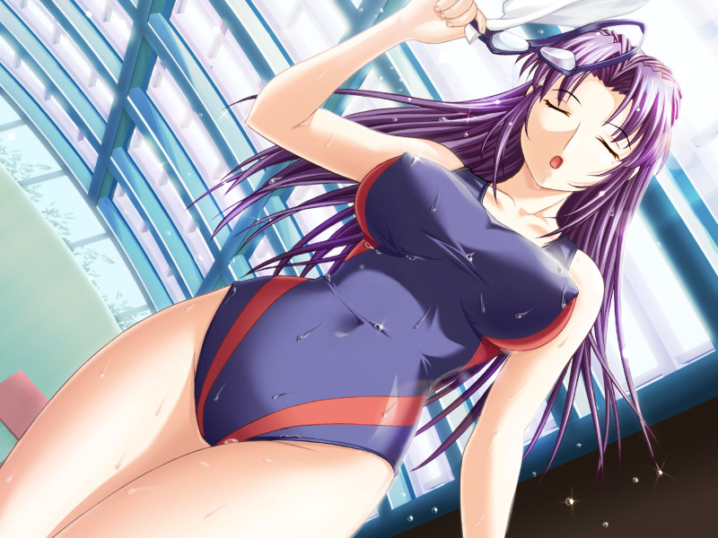 senbata-roh, himeno hitomi, boin ni kakero!, game cg, non-web source, 1girl, breasts, closed eyes, competition swimsuit, covered erect nipples, dutch angle, female focus, goggles, huge breasts, large breasts, long hair, one-piece swimsuit, purple hair, single vertical stripe, solo, swim cap, swimsuit, wet
