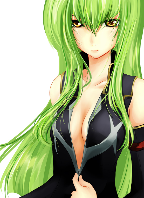 g-ist, c.c., code geass, 00s, 1girl, breasts, cleavage, female focus, green hair, small breasts, solo, unzipping, yellow eyes