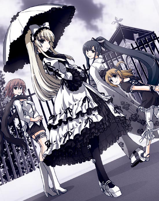 fujieda miyabi, aihara makino, kusunose fumi, orikura suika, towada yuuki, alice quartet, 4girls, black hair, black vs white, blonde hair, blue eyes, boots, bow, brown eyes, brown hair, capri pants, church, dress, dutch angle, fence, frills, gathers, gothic lolita, hair bow, hair ornament, hairclip, japanese clothes, kimono, knee boots, legs, lolita fashion, multiple girls, pants, partially colored, ponytail, purple eyes, red hair, scarf, umbrella