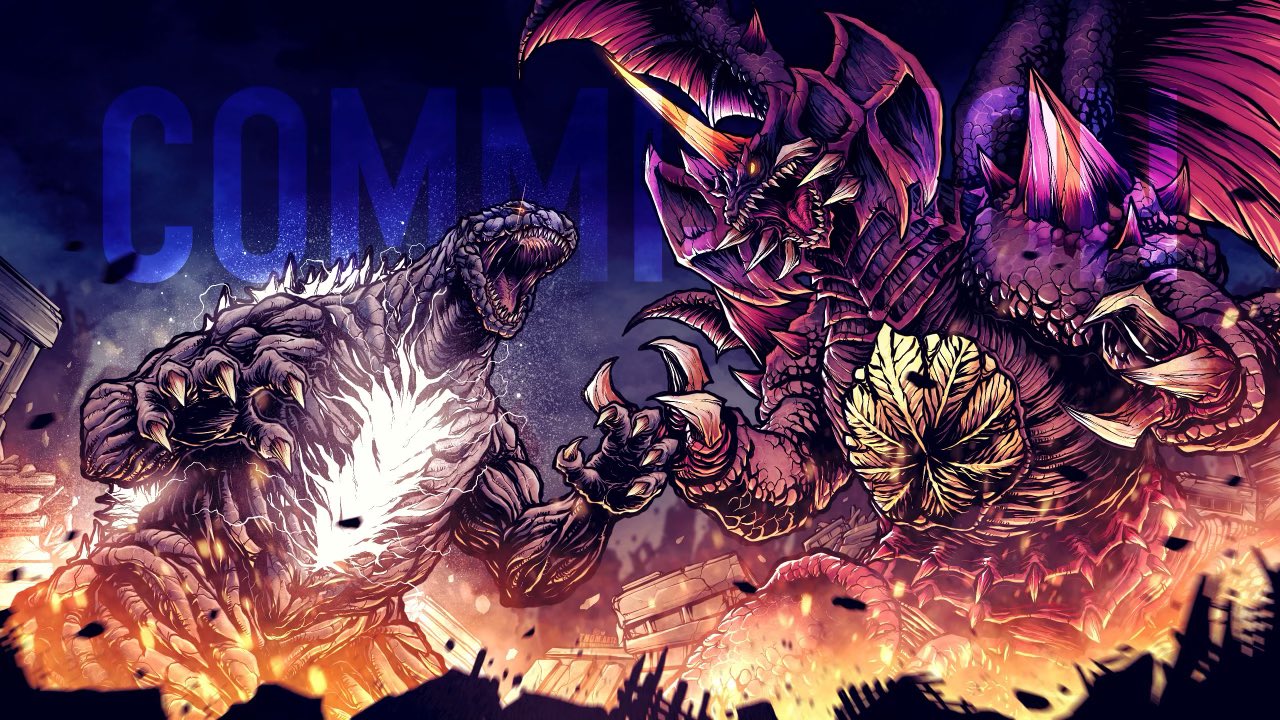 thomdotartz, destoroyah, godzilla, godzilla (series), godzilla vs. destoroyah, godzilla vs. gigan rex, toho, bat wings, battle, claws, creature, destruction, fangs, fighting, fire, giant, giant monster, glowing, glowing eyes, glowing spikes, godzilla (gemstone), godzilla vs. megalon (2023), head wings, horns, jaws, kaiju, long tail, mini wings, monster, multiple wings, no humans, open mouth, oversized wings, scales, science fiction, sharp teeth, single horn, spiked wings, spikes, spines, tail, teeth, wings, yellow eyes