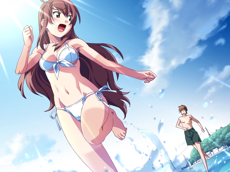 watanabe akio, enokida mishio, shiokaze no kieru umi ni, game cg, non-web source, 1boy, 1girl, :d, beach, bikini, brown eyes, brown hair, cloud, day, dutch angle, light rays, long hair, open mouth, outdoors, running, shirt tan, shorts tan, side-tie bikini bottom, sky, smile, sunbeam, sunlight, swimsuit, tan, tanline, water, water drop